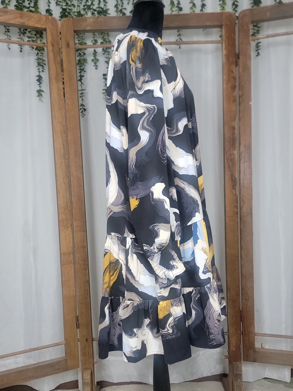 Abstract Print Tiered Ruffle Midi Dress Black Mustard Blue Boho - Picture 4 of 6
